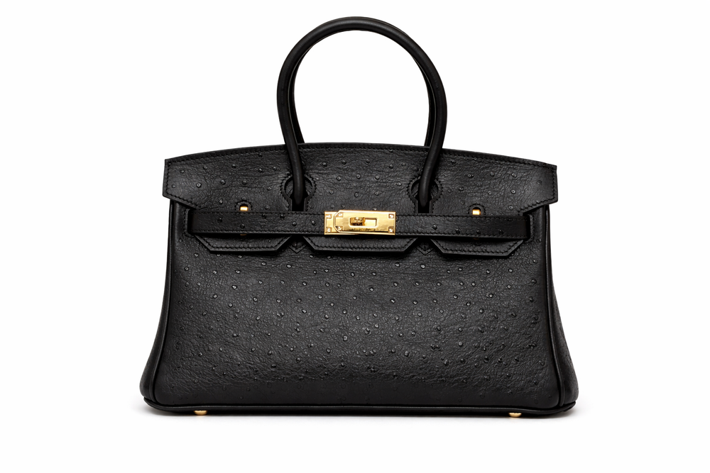 Дамска чанта Hermès Birkin Style Bag – Black Ostrich Leather (Gold Hardware)