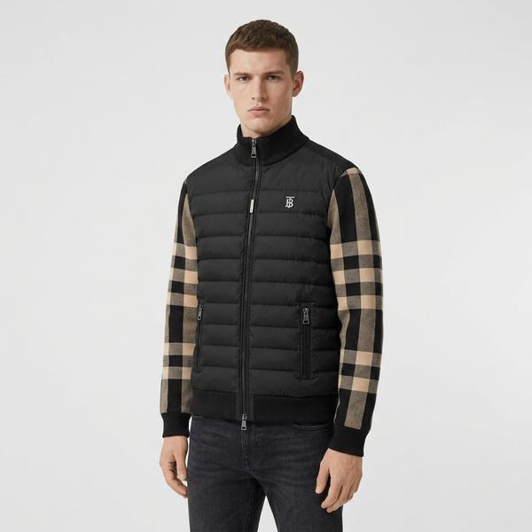 Мъжко яке Burberry с карирани плетени ръкави – черно